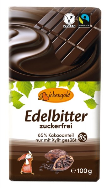 Birkengold Birkengold Edelbitter Schokolade, 85% Kakaogehalt, zuckerfrei
