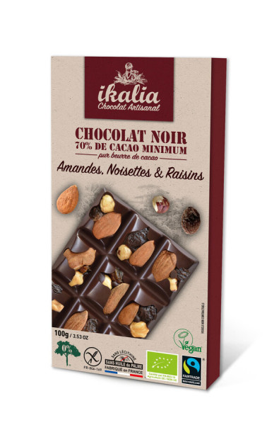 Ikalia Tafel ZB 70% Kakao mindestens mit ganze Mandeln, ganze Haselnüsse und Rosinen