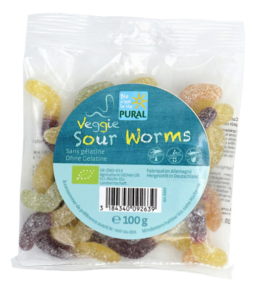 Pural Veggie Sour Worms Fruchtgummi ohne Gelatine