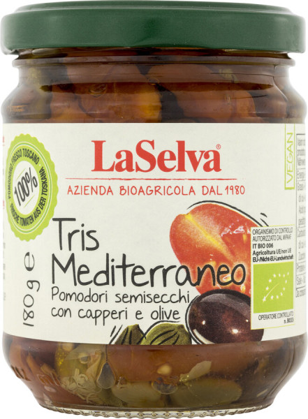LaSelva Tris mediterraneo -Halbgetrocknete Tomaten mit Kapern und Oliven in Öl